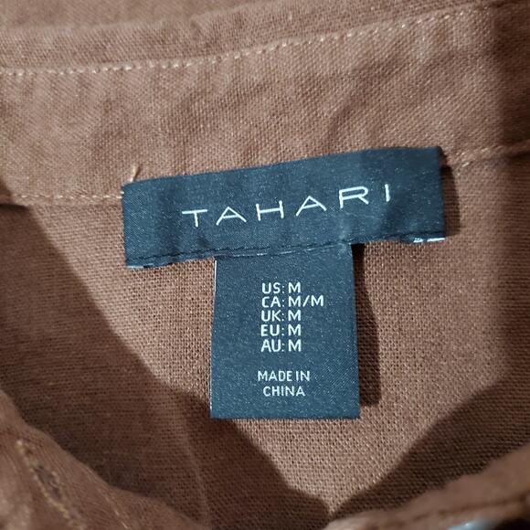 Tahari Linen 1/2 Button Popover Tunic Top Womens Size M Lagenlook Roll Tab Brown - Picture 5 of 7
